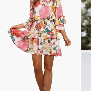 Floral Ruffle Dress - Pink and White